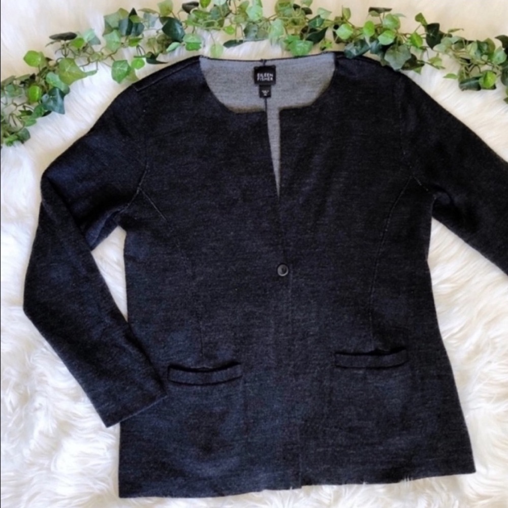Eileen Fisher Blue and Gray Merino Wool Cardigan